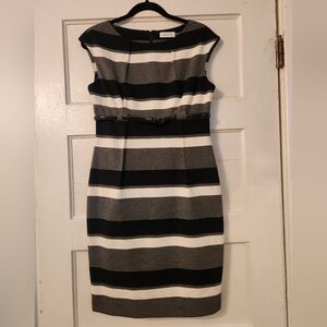 Calvin Klein Mini Dress Striped Black White & Gray w/Cap Sleeve Sz 6 EUC Stretch